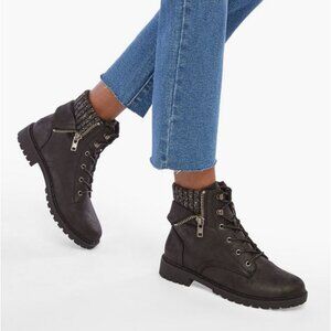 JustFab Illona Black/Shearling Zip-Up Combat Ankle Boots